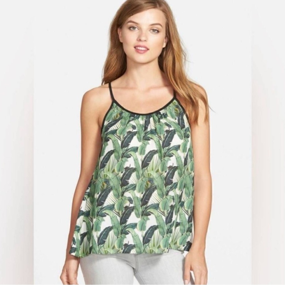Rebecca Minkoff Tropical Green Leaf Print Women's Silk Top